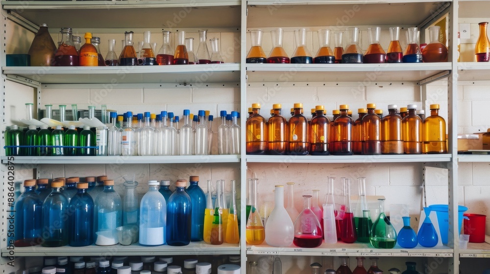 Chemical Lab Bottles on Shelves. Chemical Lab Bottles on Shelves.