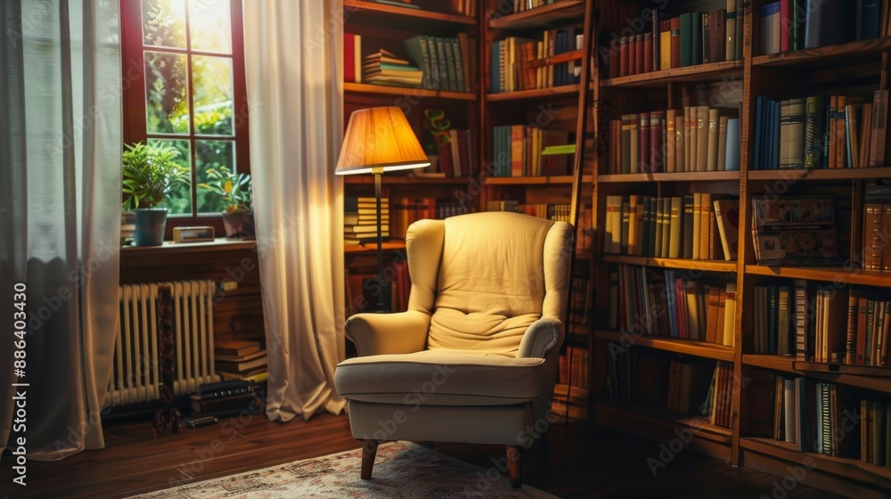 Cozy Reading Nook with Bookshelf and Armchair. Cozy Reading Nook with Bookshelf and Armchair.