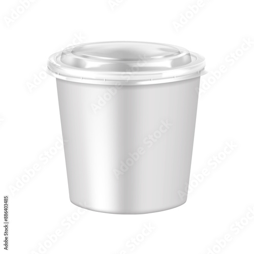 White paper soup cup with clear plastic lid. 3d mockup. Disposable paperboard takeaway food container. Realistic vector mock-up. Template for design