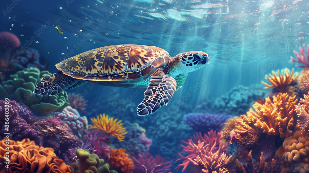 Fototapeta premium Underwater Scene: Sea Turtle Swimming Among Coral Reef
