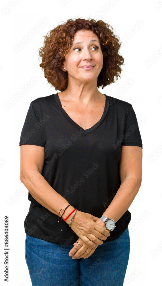 Beautiful middle ager senior woman over isolated background smiling looking side and staring away thinking. Beautiful middle ager senior woman over isolated background smiling looking side and staring away thinking.