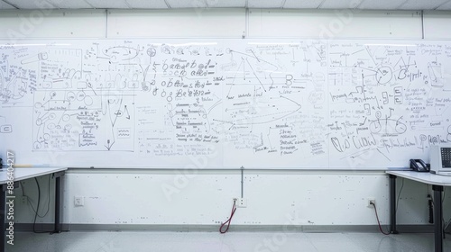 Whiteboard covered in handwritten notes and diagrams.