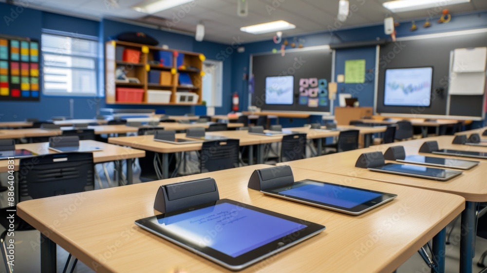 Classroom with tablets on desks. Classroom with tablets on desks.
