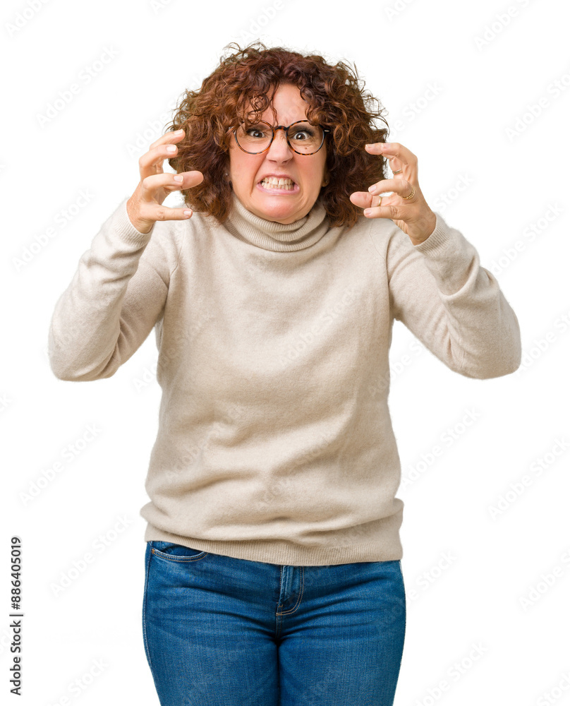 Beautiful middle ager senior woman wearing turtleneck sweater and glasses over isolated background Shouting frustrated with rage, hands trying to strangle, yelling mad Beautiful middle ager senior woman wearing turtleneck sweater and glasses over isolated background Shouting frustrated with rage, hands trying to strangle, yelling mad