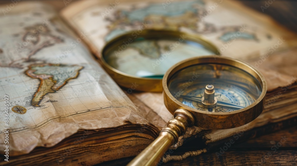 Antique Compass and Magnifying Glass on Old Map. Antique Compass and Magnifying Glass on Old Map.