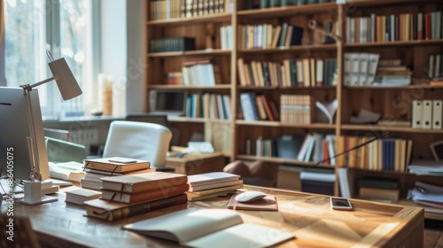 Home Office Desk with Bookshelf and Books. © Amorn