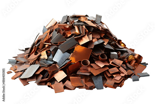 A Pile of Shiny Metal Fragments Against a White Background on a White or Clear Surface PNG Transparent Background photo