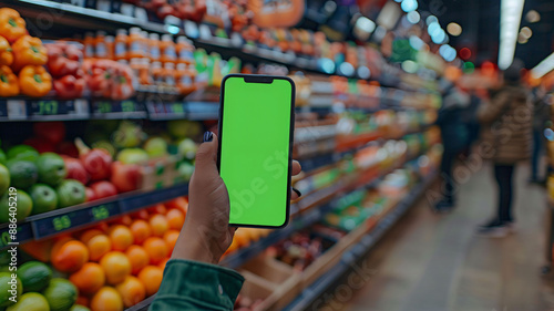 person holding a smartphone with green screen at the grocery store.