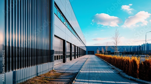 modern industrial building with corrugated metal facade and wide walkway on sunny day © id512