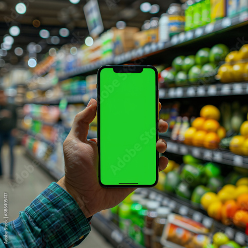 person holding a smartphone with green screen at the grocery store.