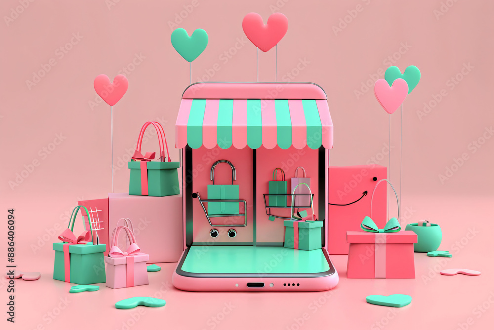 Fototapeta premium 3d Rendering Of An Ecommerce App With Smartphone And Paper Box For Online Shopping Background