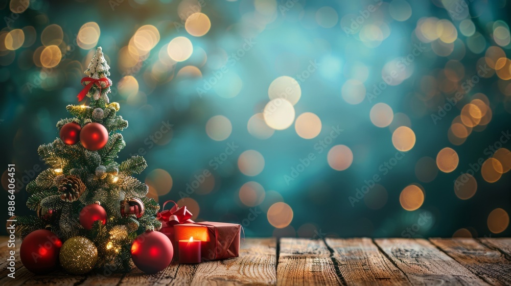 A Christmas tree with gifts on a wooden table with a place to copy the text. A Christmas tree with gifts on a wooden table with a place to copy the text.