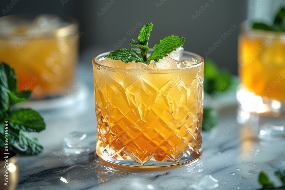 Fototapeta premium A whiskey smash cocktail in a rocks glass, with muddled mint leaves, lemon juice, and bourbon, garnished with a sprig of mint.