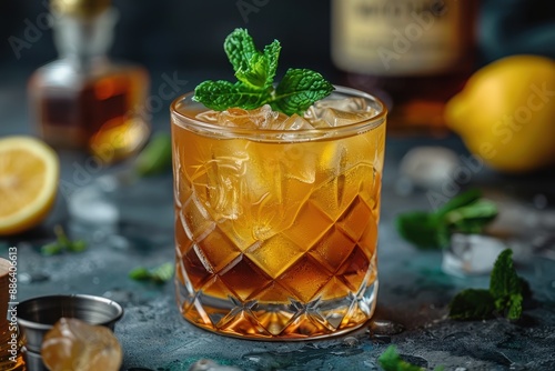 A whiskey smash cocktail in a rocks glass, with muddled mint leaves, lemon juice, and bourbon, garnished with a sprig of mint.