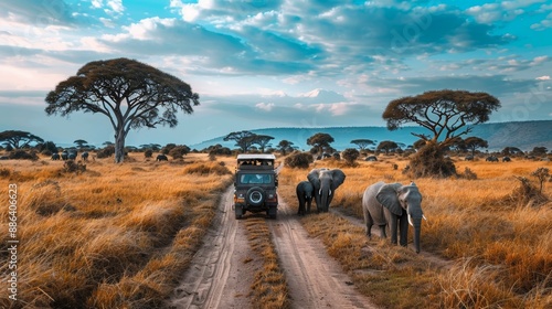 A jeep is driving through a savanna with a herd of elephants in the background. The scene is peaceful and serene, with the sun shining through the trees and the elephants walking in the distance