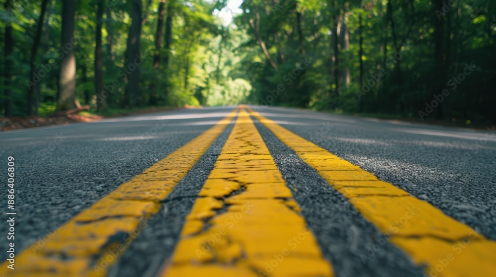 Straight road with yellow lines in sunlit forest scenery Straight road with yellow lines in sunlit forest scenery
