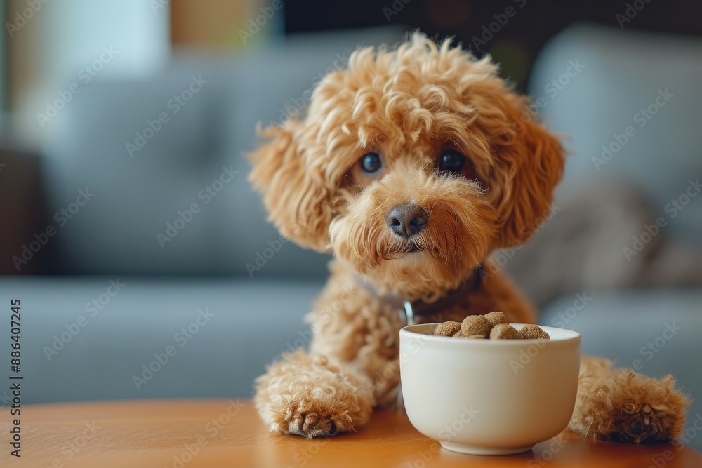 Hungry dog sitting with food bowl Hungry dog sitting with food bowl