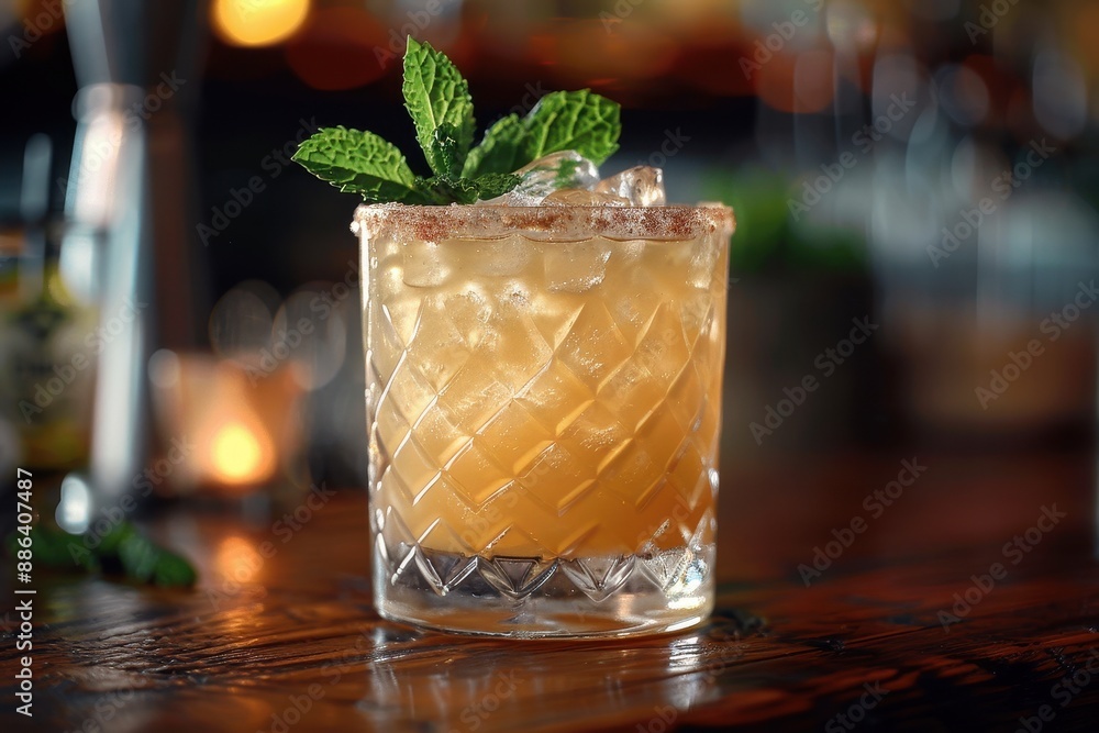 A whiskey smash cocktail in a rocks glass, with muddled mint leaves, lemon juice, and bourbon, garnished with a sprig of mint. A whiskey smash cocktail in a rocks glass, with muddled mint leaves, lemon juice, and bourbon, garnished with a sprig of mint.