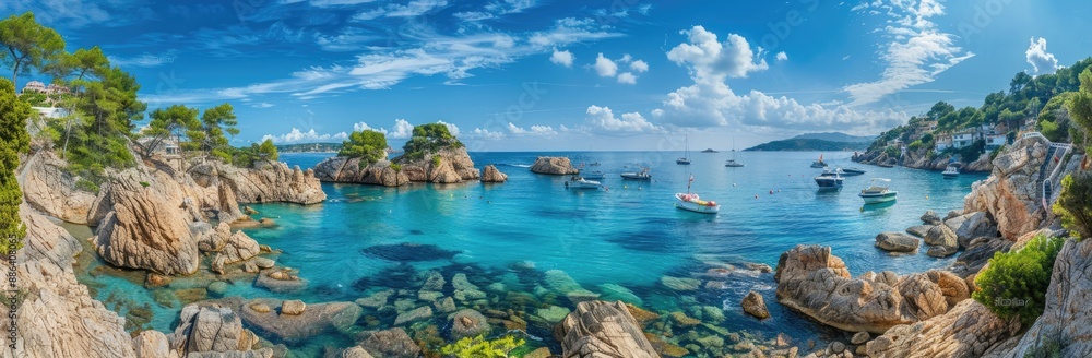 Fototapeta premium Picturesque Mediterranean Coastline with Boats and Clear Blue Water