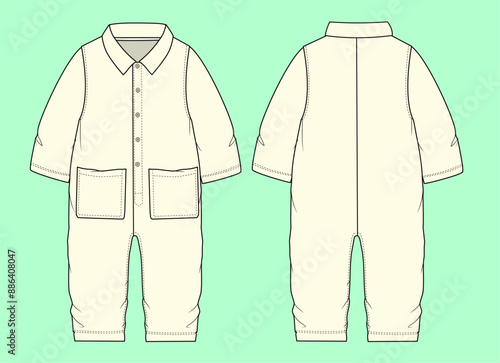 kids unsex twill collar dungarees fashion illustration flat sketch vector.