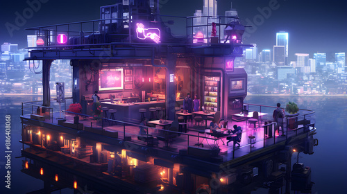 A bustling cyberpunk bar floats over a futuristic city at night, with patrons enjoying drinks and the view.