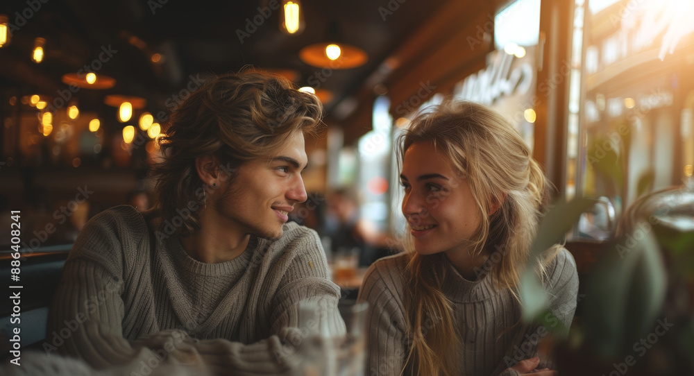 A young couple sits at a table in a cafe, looking lovingly into each other's eyes. A young couple sits at a table in a cafe, looking lovingly into each other's eyes.