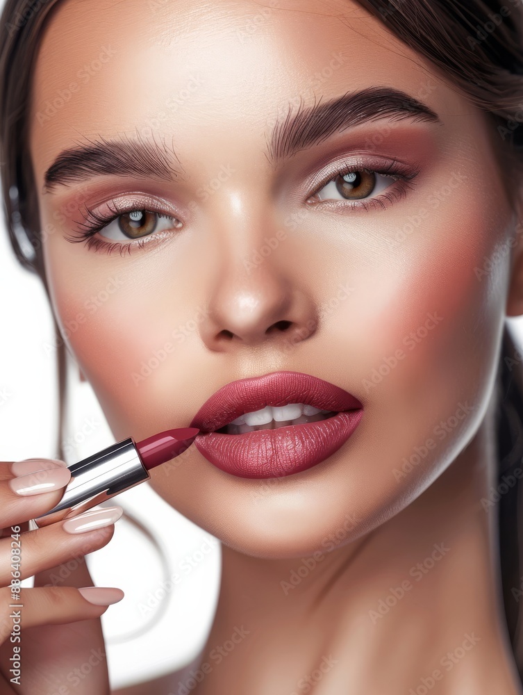 Close-up of a woman applying red lipstick, showcasing flawless makeup with smooth skin, perfect eyebrows, and a glamorous look. Close-up of a woman applying red lipstick, showcasing flawless makeup with smooth skin, perfect eyebrows, and a glamorous look.
