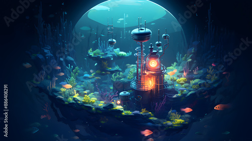 An underwater city thrives within a protective biodome, bathed in the ethereal glow of bioluminescent flora and fauna. Fish swim peacefully in the deep blue sea,  surrounding the city.