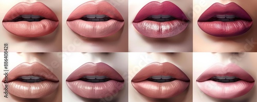 Collection of lips with various shades of lipstick. Close-up shots showcasing glossy and matte lip colors in a range of tones.