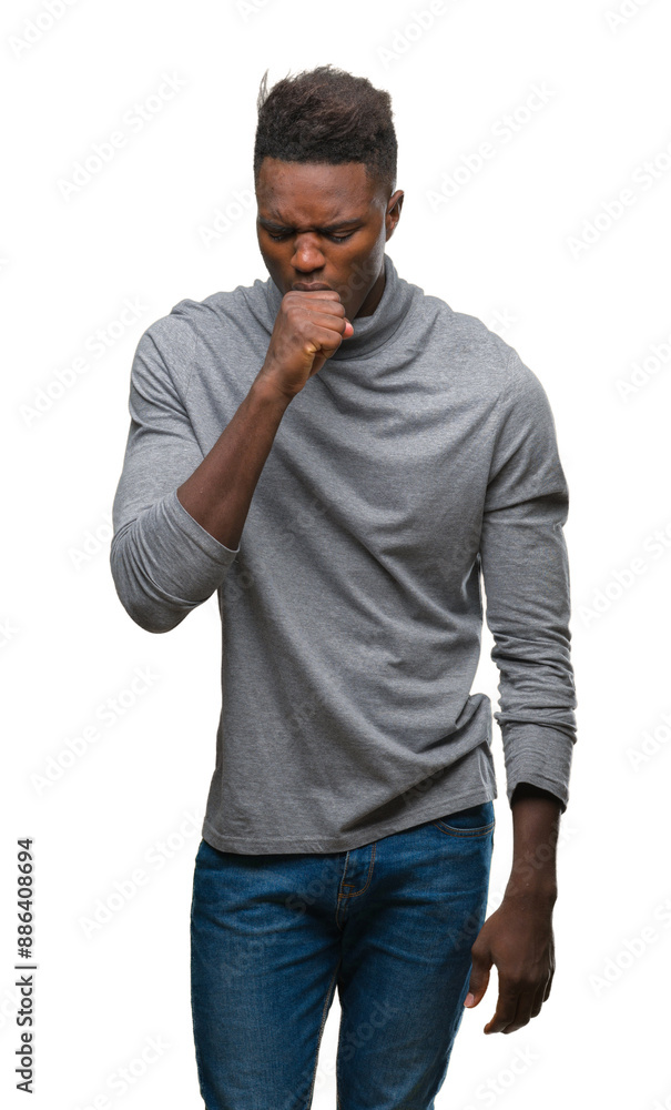 Young african american man over isolated background feeling unwell and coughing as symptom for cold or bronchitis. Healthcare concept. Young african american man over isolated background feeling unwell and coughing as symptom for cold or bronchitis. Healthcare concept.