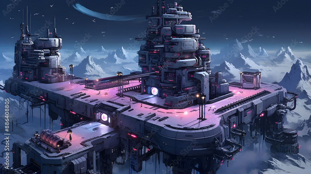 A futuristic space station sits atop a snowy mountain range, bathed in the soft glow of the night sky. A futuristic space station sits atop a snowy mountain range, bathed in the soft glow of the night sky.