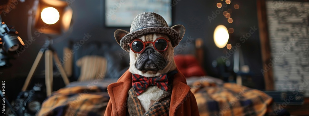 A dog is wearing a hat and glasses and standing in front of a bed. The image has a playful and whimsical mood, as the dog is dressed up in a human-like outfit A dog is wearing a hat and glasses and standing in front of a bed. The image has a playful and whimsical mood, as the dog is dressed up in a human-like outfit