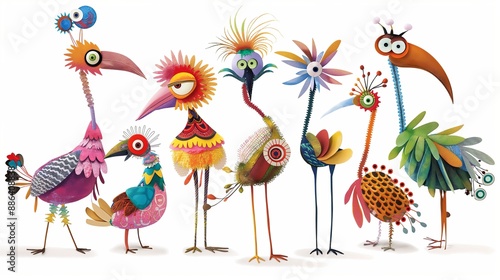 A collection of brightly colored, whimsical birds with exaggerated features
