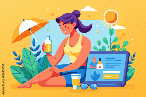 A woman is sitting on the ground while applying sunscreen to her leg
