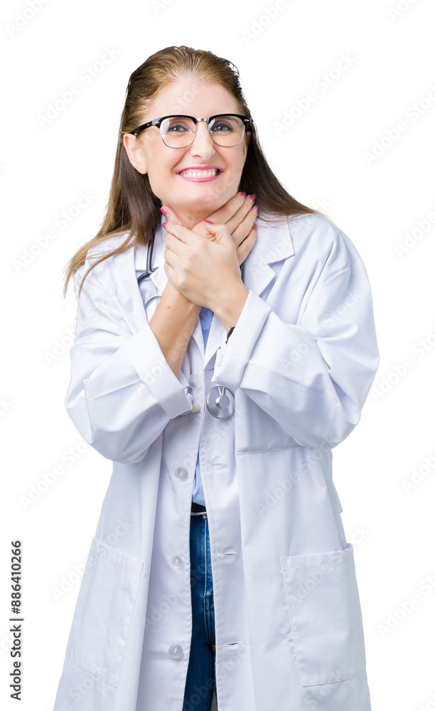 Middle age mature doctor woman wearing medical coat over isolated background shouting and suffocate because painful strangle. Health problem. Asphyxiate and suicide concept. Middle age mature doctor woman wearing medical coat over isolated background shouting and suffocate because painful strangle. Health problem. Asphyxiate and suicide concept.