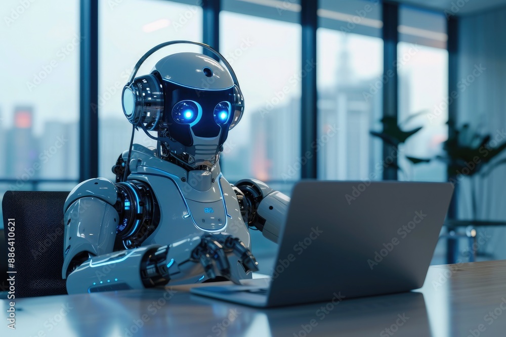 AI Robot Using Laptop in Modern Office AI Robot Using Laptop in Modern Office