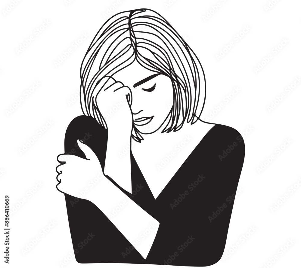 Line drawing of woman hiding her face in despair. Sad Line drawing of woman hiding her face in despair. Sad