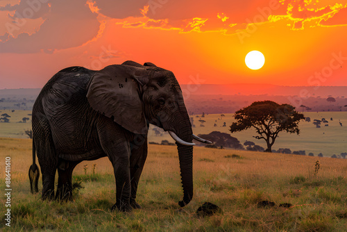 Majestic Elephant at Sunset: A Serene Portrait of Strength and Beauty in Nature’s Landscape