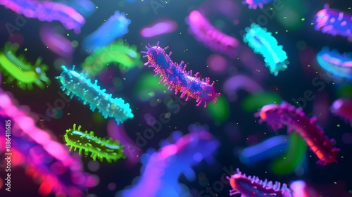 Vibrant close-up of colorful bacteria in a microscopic view. The bacteria are illuminated with vivid neon colors, highlighting their intricate structures. © PSCL RDL