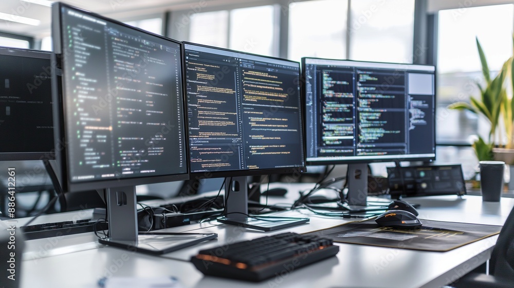 An advanced software development hub with multiple monitors displaying code and graphics, set in a clean, organized office environment. An advanced software development hub with multiple monitors displaying code and graphics, set in a clean, organized office environment.