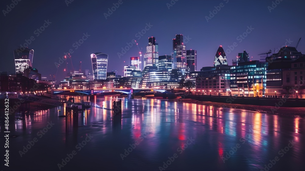 Naklejka premium The City of London and the river Thames at night, London cityscape, UK 