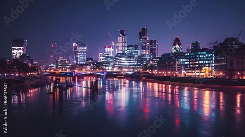 The City of London and the river Thames at night, London cityscape, UK 