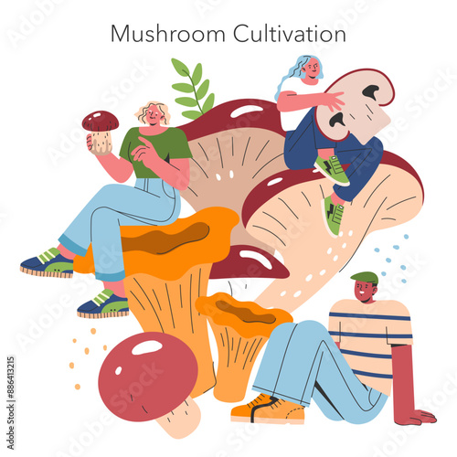 Mushroom Cultivation. Flat Vector Illustration