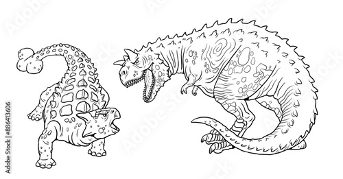 Fototapeta Naklejka Na Ścianę i Meble -  Predatory dinosaur Carnotaurus attacks the Ankylosaurus. Dinosaur battle to color in. Drawing with prehistoric animals.