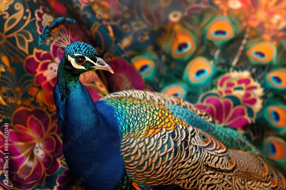Fototapeta premium Majestic Indian Peacock in Vibrant Sarees Displaying Colorful Feathers | Exotic Bird with Intricate Plumage Patterns