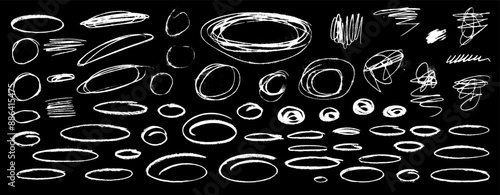 Set of vector bold white color sketchy grungy graphic elements on blackboard bg. Hand drawn pencil scribble emphasis lines, crazy ellipses, ovals and circles. Punk style street art isolated textures