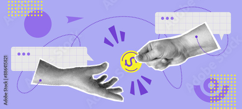 Collage with halftone two hands giving money with shapes. Payment, offer, saving money concept vector pop art retro style illustration. Design element for infographic, poster, website