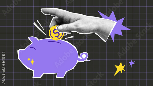 Collage piggy bank and halftone hand with coin and shapes. Saving money and financial planning metaphor composition. Business concept vector pop art retro style illustration. 