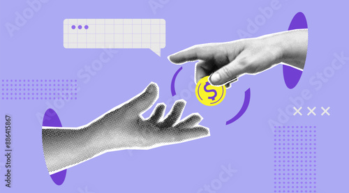 Collage with halftone two hands giving money with shapes. Payment, offer, saving money concept vector pop art retro style illustration. Design element for infographic, poster, website