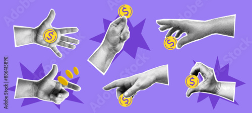 Collage with set of halftone hands, cash money and shapes. Payment, offer, saving money concept vector pop art retro style illustration. Design element for infographic, poster, website